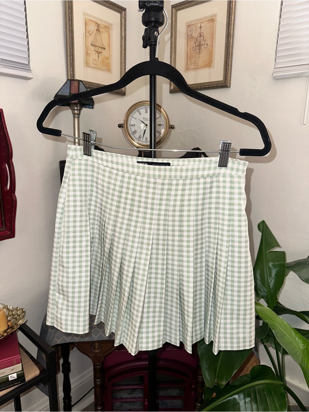 Zara Light Green Gingham Pleated Skort